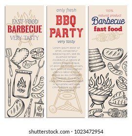 Barbecue banners. BBQ party template with hand drawn meat, chicken, fish, sausage and tools. Vector hand drawn sketch illustration.