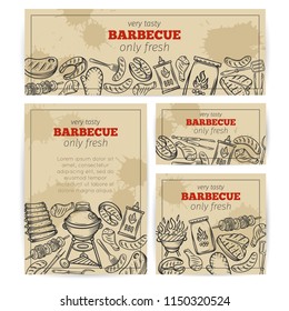 Barbecue banners. BBQ party template with meat, chicken, fish, sausage and tools. Vector hand drawn sketch illustration.