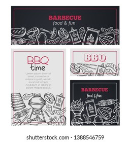 Barbecue banners. BBQ party template with outline meat, chicken, fish, sausage and tools. Vector illustration.