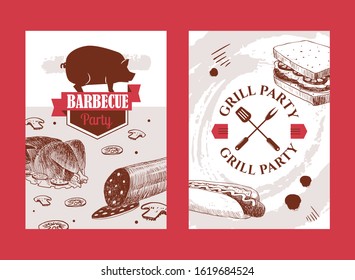 Barbecue banners with hand drawn food, vector illustration. Grill party invitation, bbq cookout event announcement. Barbeque meat restaurant menu cover, butcher shop advertisement campaign, food store