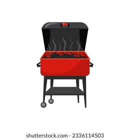 Barbecue or barbeque BBQ party, grill picnic. Barbecue equipment, grill, skewer, sausages, seasonings, chicken and meat, vegetables and sauce Vector flat illustration