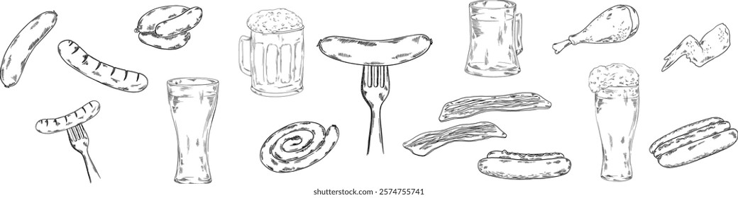 Barbecue bbq banner for web site, card, paper with sausages, bacon, pork, chicken, pretzel, beer snacks and other unhealthy meal for pub bar restaurant menu, meat snacks, fork, food 