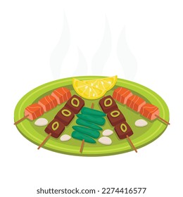 Barbecue. BBQ. Fried meat, fish, vegetables. Lemon.