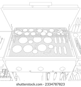 Barbecue  BBQ Gas Grill Clipart - Outline. Vector illustration food cooking on a charcoal grill.
