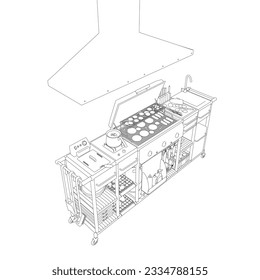 Barbecue  BBQ Gas Grill Clipart - Outline. Vector illustration food cooking on a charcoal grill.