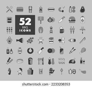Barbecue and bbq grill grayscale icon set. Graph symbol for cooking web site and apps design, logo, app, UI