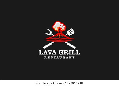 Grillrestaurant Barbecue bbq Grill Logo Design - Grillfleisch Wurst Spatula Element Barock. Berg Vulkan Lava Grill.