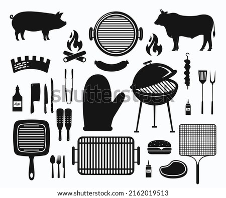 Barbecue BBQ Grill Silhouette Set Vector. Grill BBQ Party Set Icon Template.