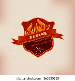 Logo de la barbacoa, sello, afiche retro, diseño de menús 