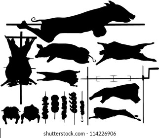 Barbecue (BBQ) meat vector silhouettes: pork, calf, lamp, poultry, skewer, roasting jack. Layered. Fully editable