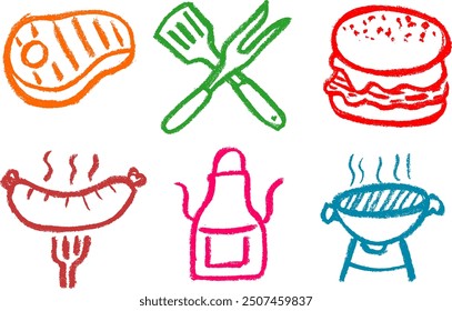 Barbecue BBQ Related Icons Chalk Crayon Drawing