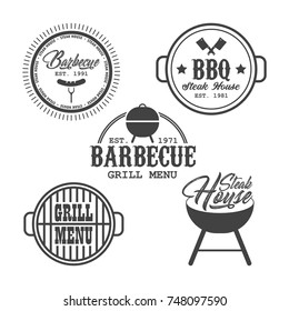 Barbecue, bbq steak house related labels, emblems, logotype layouts in vintage style.