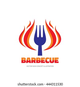 Barbecue BBQ - vector logo concept illustration in flat style. Red fire flame and fork sign. Hot grill symbol. Design element.