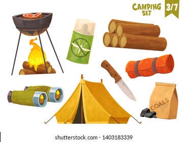 Barbecue binoculars tent knife camp mat mosquito repellent firewood camping set vector