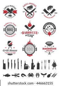 Barbecue black and red logo and labels. BBQ, seafood, meat, beer, wine and knives icons