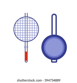 Barbecue brazier and pan flat icons. Kitchen appliance vector brazier pictogram in flat design. Cartoon pan isolated on white background