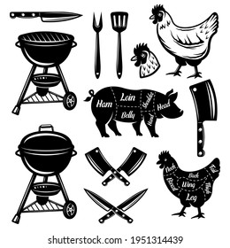 Barbecue and butchery shop set of vector objects and design elements in monochrome style isolated on white background