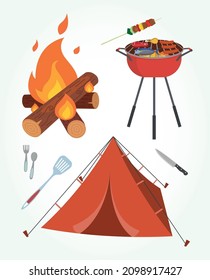 Ilustración del conjunto de vectores de grill de equipo de barbacoa de campamento