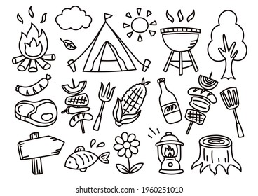 Barbecue and Camp illustrations of line-art