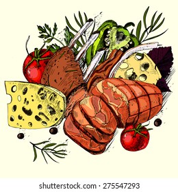 Barbecue. Card. Freehand drawing. Vector illustration
