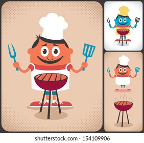 Barbecue: Cartoon Character With Barbecue Grill. No Transparency And Gradients Used.