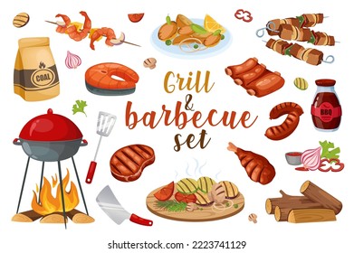 Barbecue in cartoon style set isolated elements. Vector illustration