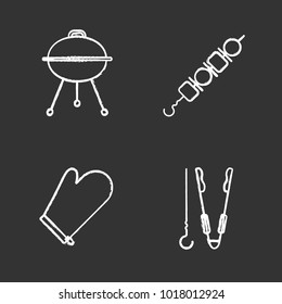 Barbecue chalk icons set. BBQ. Kettle grill, shish kebab, oven mitt, tongs and skewer. Isolated vector chalkboard illustrations
