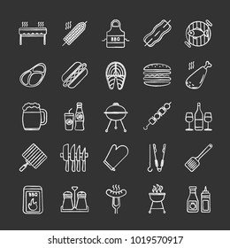 Barbecue chalk icons set. BBQ. Barbeque grills, food, drinks, kitchen utensils. Isolated vector chalkboard illustrations