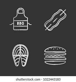 Barbecue chalk icons set. BBQ. Apron, bacon on skewer, fish steak, burger. Isolated vector chalkboard illustrations