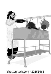 Barbecue Chef pouring wine over meat