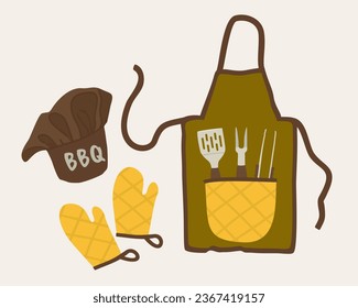 Barbecue chef set. Gloves, cap and apron with pocket. Barbecue cookware in a pocket. Vector isolated illustration.