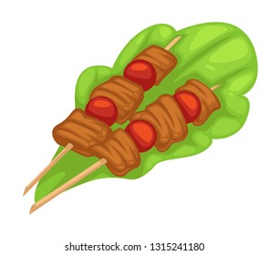 Barbecue chicken meat and cherry tomato on skewer lettuce leaf isolated vector food poultry dish or meal with vegetables summer snack on wooden sticks cooking and culinary ingredients BBQ party