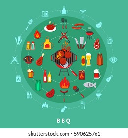 Barbecue circle composition poster with grill on the centre and many food elements vector illustration
