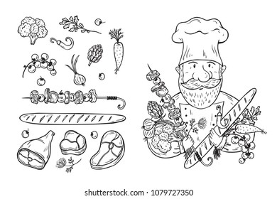 Barbecue collection. Vector Set for menu design. Hand drawn doodle Chef with Food. Sliced pieces of raw meat, Bbq meat on skewers, baguette loaf and fresh vegetables