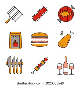 Barbecue color icons set. BBQ. Hand grill, bacon, grilled fish, coal, sandwich, chicken leg, knives set, shish kebab, wine. Isolated vector illustrations