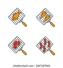 Barbecue color icons set. BBQ. Hand grills with fish, chicken drumsticks, meat steak and sausages. Isolated vector illustrations