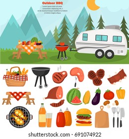 Barbecue color icons set for web and mobile design. Outdoor mountains bbq time illustration