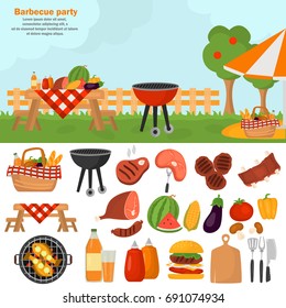 Barbecue color icons set for web and mobile design. Outdoor bbq time illustration