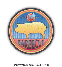 Barbecue color logo with a picture of a pig and knives. Art Kraft carving paper style. BBQ badge emblem round logo. Fresh meat red label.