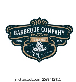 Barbecue company logo badge design. Grill barbecue icon. BBQ illustration. Simple emblem with replaceable text.