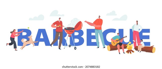 Barbecue Concept. Family Characters Outdoor Leisure. Kids Relax near Campfire, Playing Guitar, Fooling with Dog, Father Cooking Food. Poster, Banner or Flyer. Cartoon People Vector Illustration