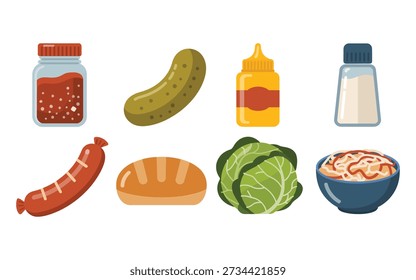 Barbecue condiment set, pickle spear, mustard ketchup, salt shaker, grilled sausage, cabbage slaw, pantry jar, picnic cookout menu vector