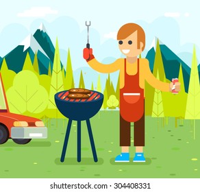 Barbecue cook background nature forest mountain vacation car vector illustration