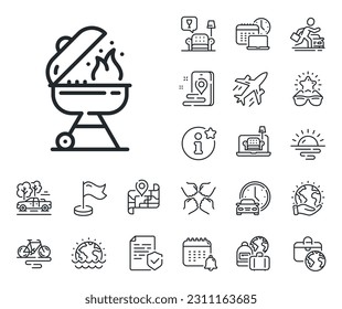 Fogón de barbacoa para el cartel de comida para cocinar. Iconos del contorno del avión, el mapa de viajes y la reclamación de equipaje. Icono de línea de parrilla. Carne más brusca con símbolo de fuego. Cartel de la línea de parrilla. Alquiler de coches, icono del transporte de taxis. Vector