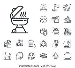 Barbecue cooker for cooking food sign. Plane jet, travel map and baggage claim outline icons. Grill line icon. Hot meat brazier symbol. Grill line sign. Car rental, taxi transport icon. Vector