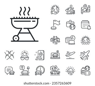 Barbecue cooker for cooking food sign. Plane jet, travel map and baggage claim outline icons. Grill line icon. Hot meat brazier symbol. Grill line sign. Car rental, taxi transport icon. Vector