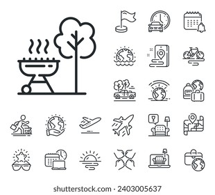 Barbecue cooker for cooking food sign. Plane jet, travel map and baggage claim outline icons. Grill line icon. Hot meat brazier symbol. Grill line sign. Car rental, taxi transport icon. Vector