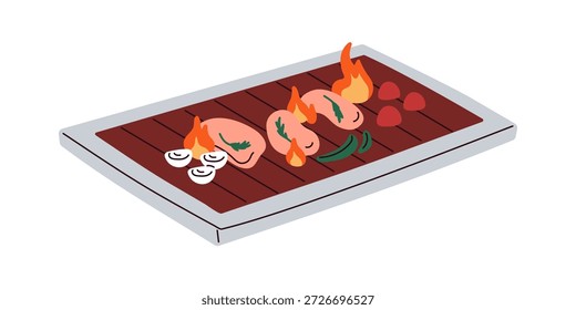 Proceso de cocción de barbacoa. Pechuga de pollo a la parrilla en bandeja de barbacoa de metal con llama de fuego. Preparar, asar un plato de carne ahumada, comida. Preparación de comidas. Ilustración vectorial plana aislada sobre fondo blanco
