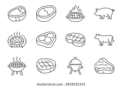 Barbecue cooking set icon. Raw sirloin portions, flaming grill, farm livestock, steaming steak, portable smoker, roasted beef, outdoor picnic preparation, culinary equipment