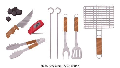 Barbecue cooking tools. Cartoon bbq camping equipment, barbecue grate, tongs, skewers and charcoal for kindling flat vector illustration set. Bbq cooking tools on white background